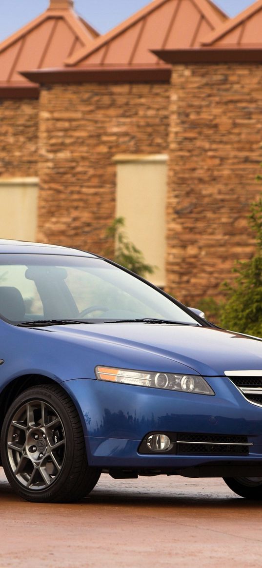 acura, tl, 2007, blue, side view, style, cars, buildings, shrubs