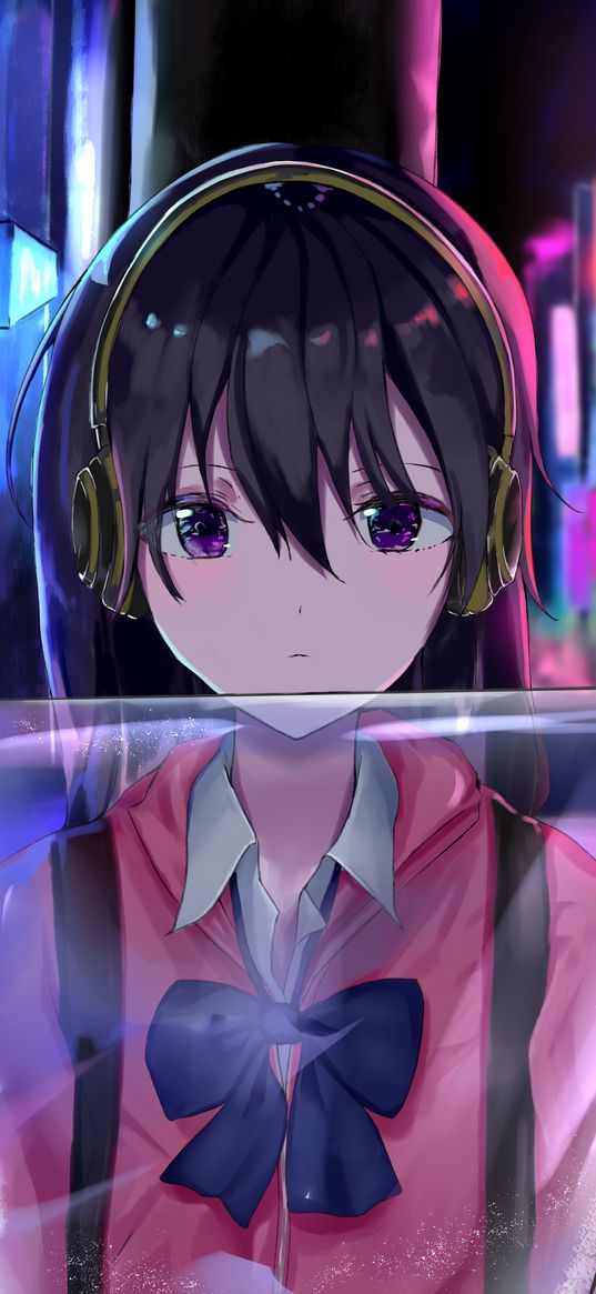 girl, headphones, signs, neon, anime