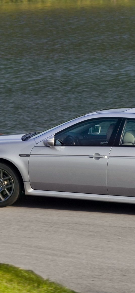 acura, tl, 2007, silver metallic, side view, style, cars, grass, water, asphalt