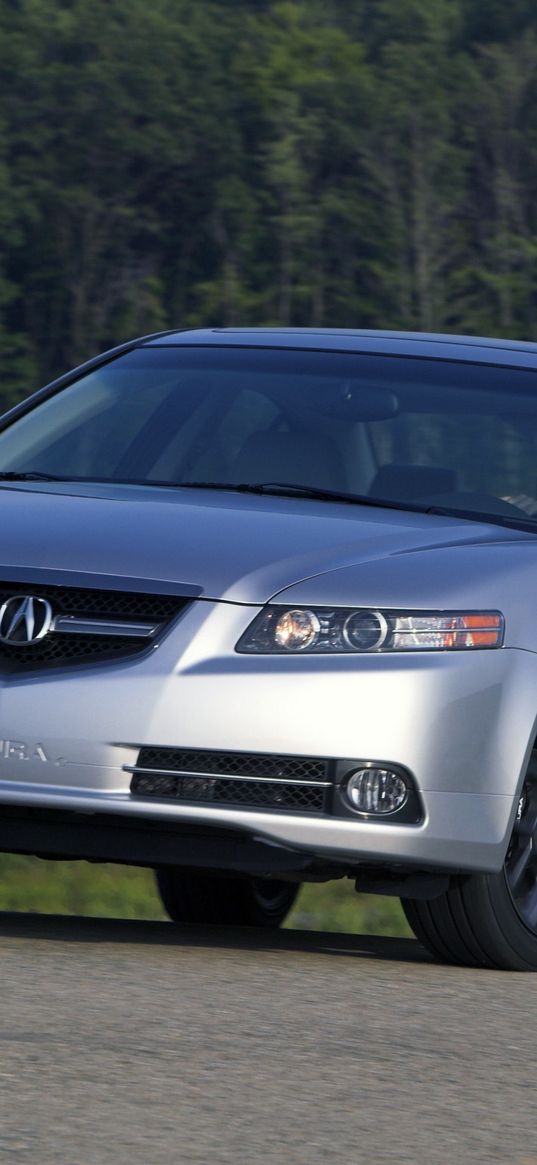 acura, tl, 2007, silver metallic, front view, style, cars, trees, asphalt