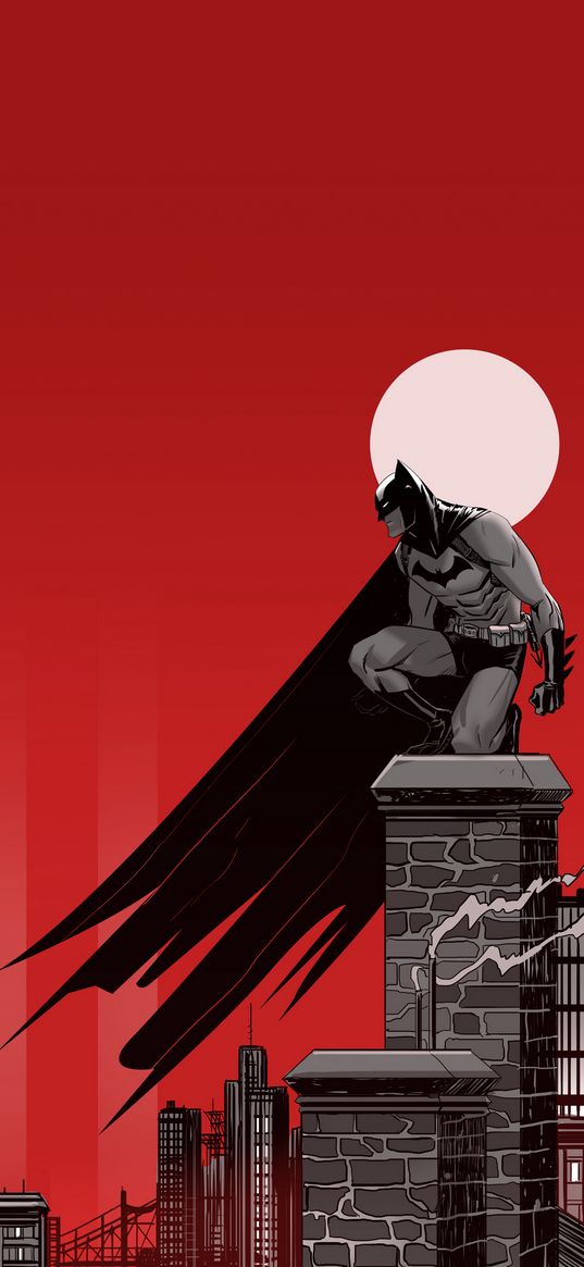 batman, red, moon, city, art