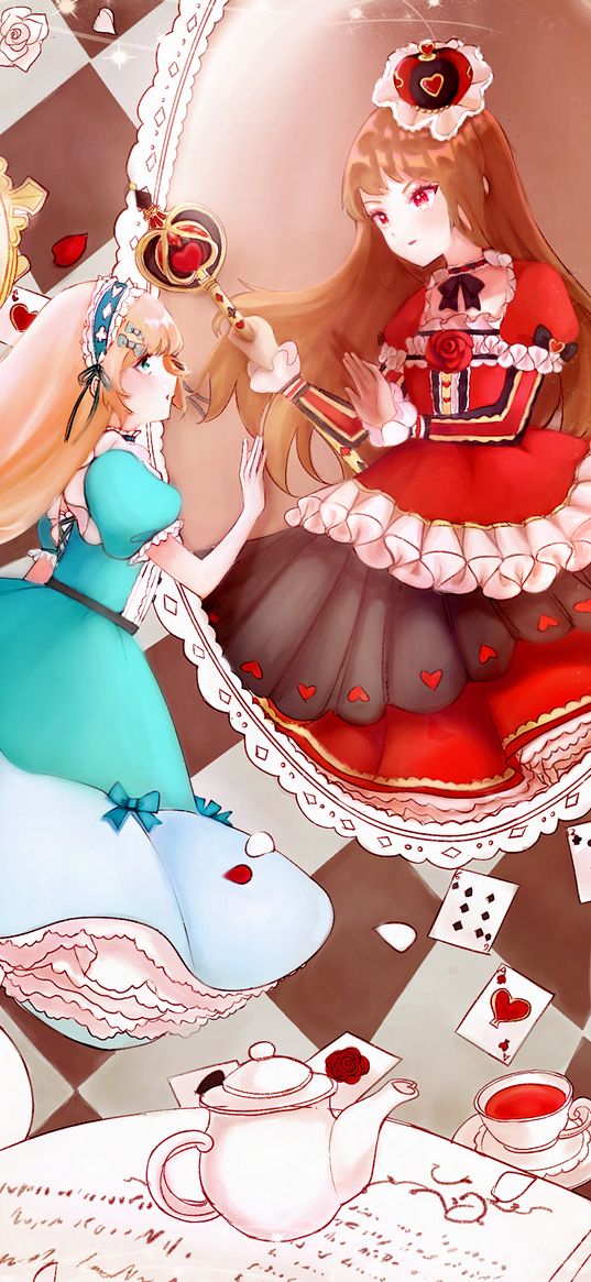 alice in wonderland, queen, girls, dresses, mirror, anime