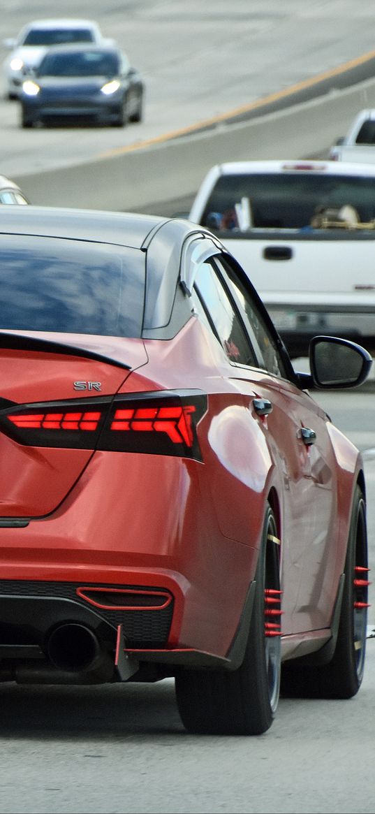 car, red, thorns, road