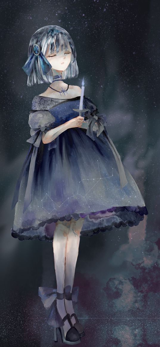 girl, dress, candle, watercolor, anime