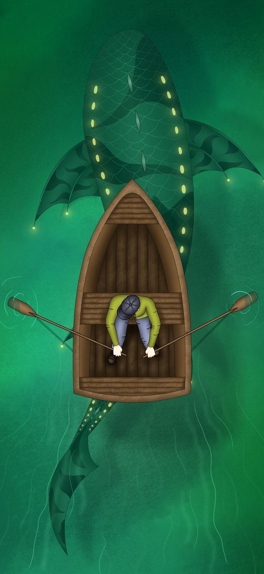 man, boat, fish, water, under water, art, green