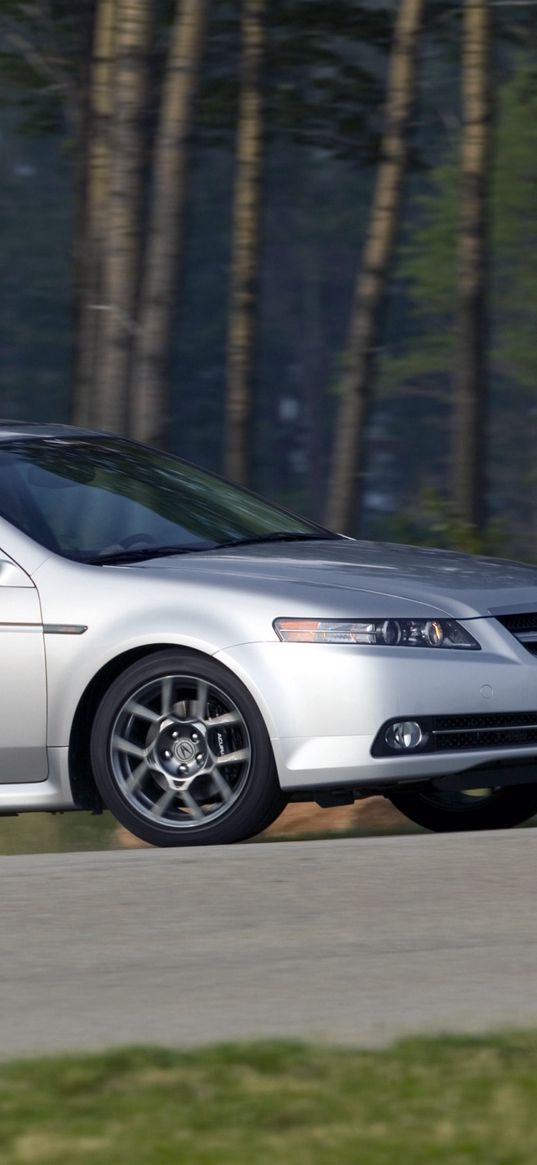 acura, tl, 2007, silver metallic, side view, style, cars, speed, forest, grass, asphalt