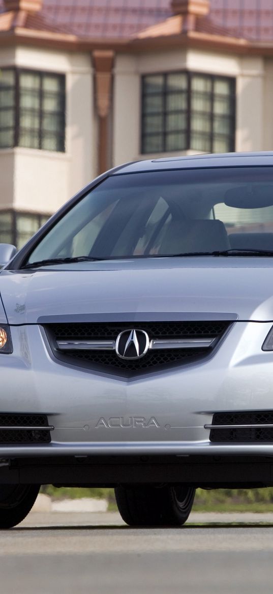 acura, tl, silver metallic, front view, style, cars, house, grass, asphalt