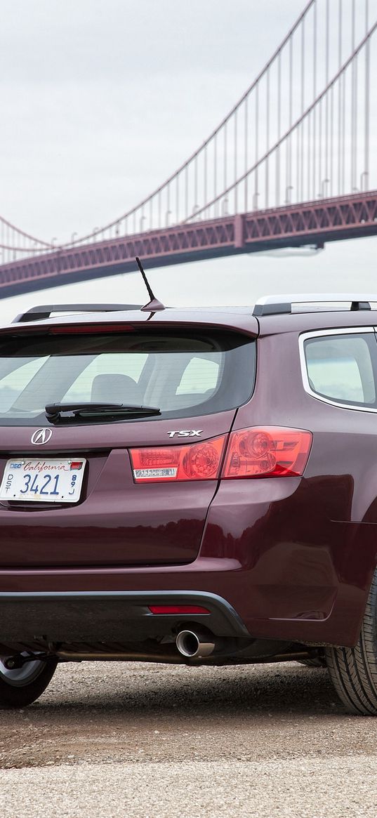 acura, tsx, 2010, burgundy, rear view, style, cars, bridge, nature, grass, asphalt