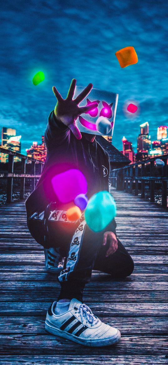 guy, mask, stones, neon, bridge