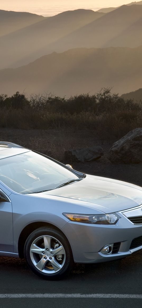 acura, tsx, 2010, blue metallic, top view, style, cars, nature, mountains, rays sun