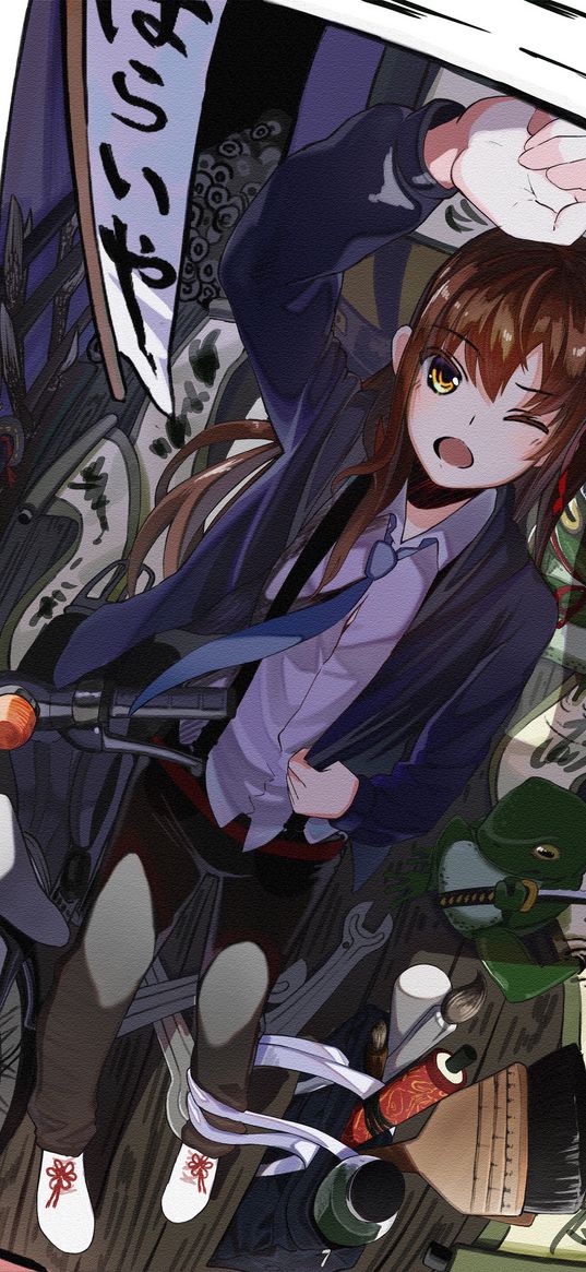 girl, glance, garage, bike, anime