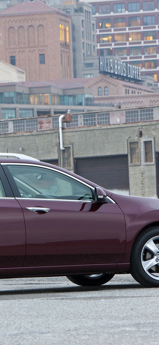 acura, tsx, 2010, cherry, side view, style, cars, city, building, bridge, asphalt