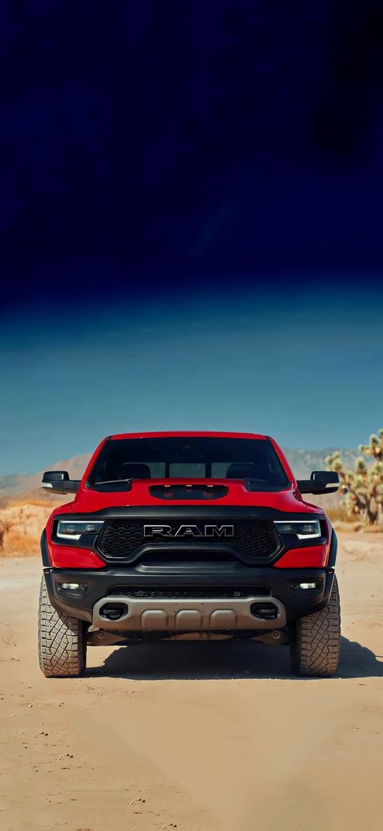 dodge ram, car, red, fron view