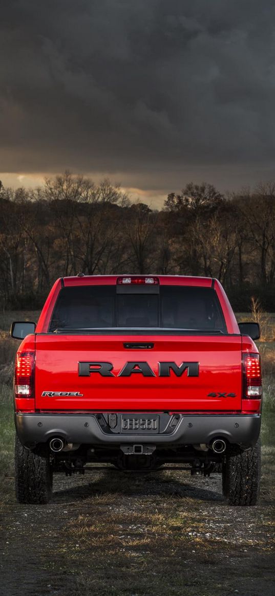 dodge ram 1500, dodge, car, red, road, sky