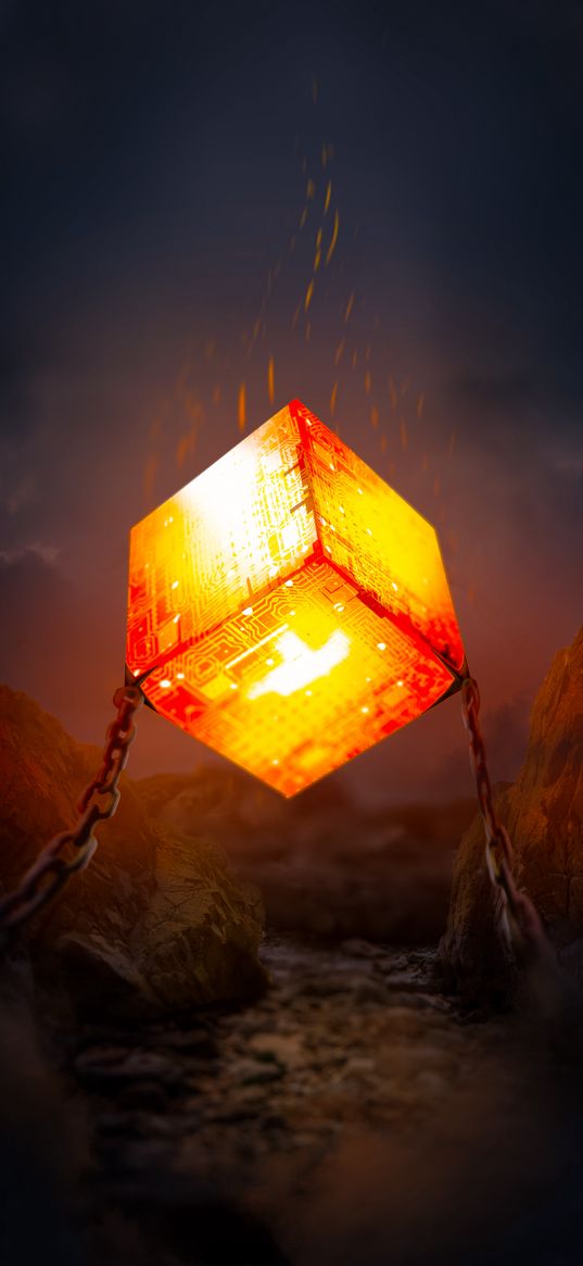 square, glow, chains, rocks, 3d