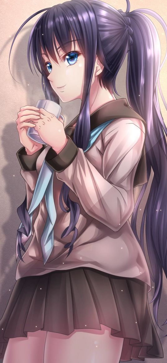 girl, ponytails, mug, anime, art