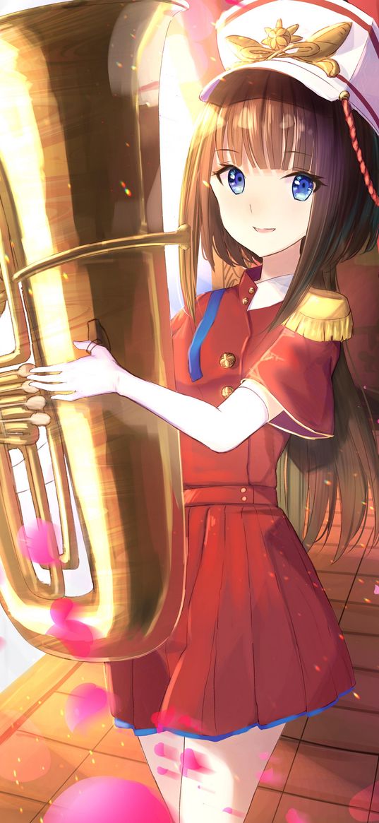 girl, trumpet, musical instrument, orchestra, music, anime