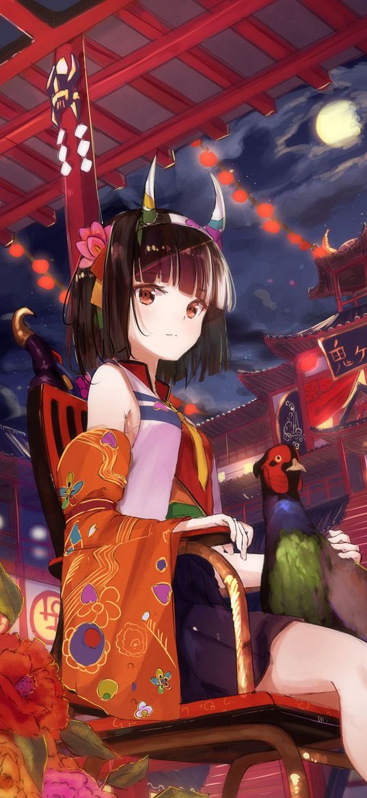 girl, horns, pheasant, bird, kimono, japan, anime