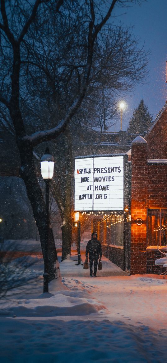 winter, city, evening, snowfall, street, snow, mood