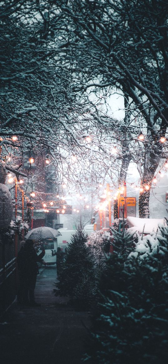 winter, trees, christmas, new year, snow, festive, city, garland