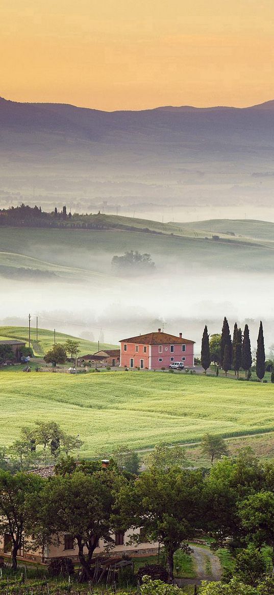 valley, home, fog, slopes, plain, trees, mountains