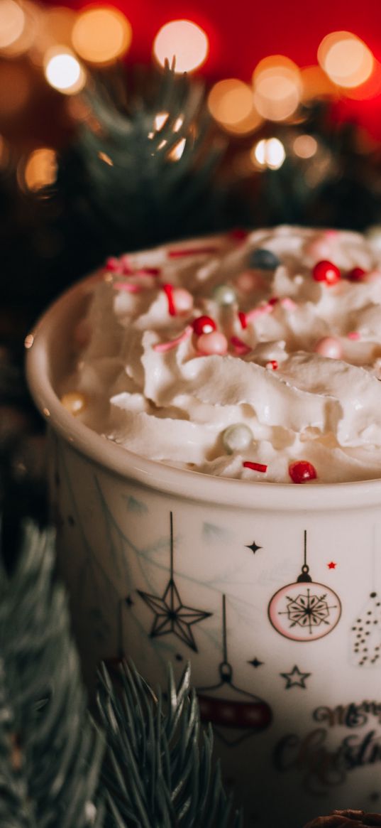 mug, cream, drink, sprinkling, dessert, christmas