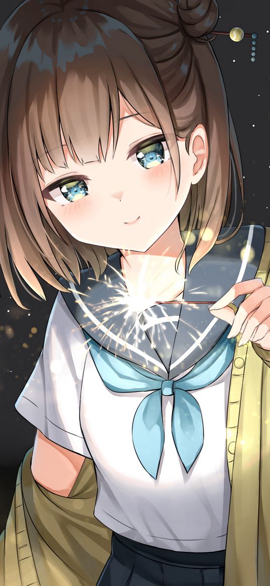 girl, sparkler, sparks, glance, anime