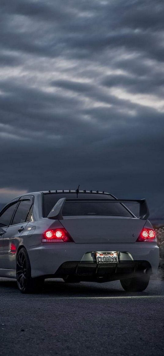 cars, mitsubishi, evening, red lights, white, white car