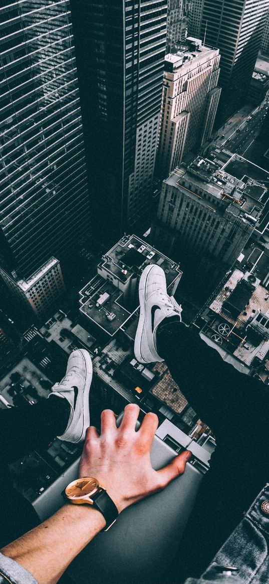 legs, sneakers, buildings, watch, height, hand