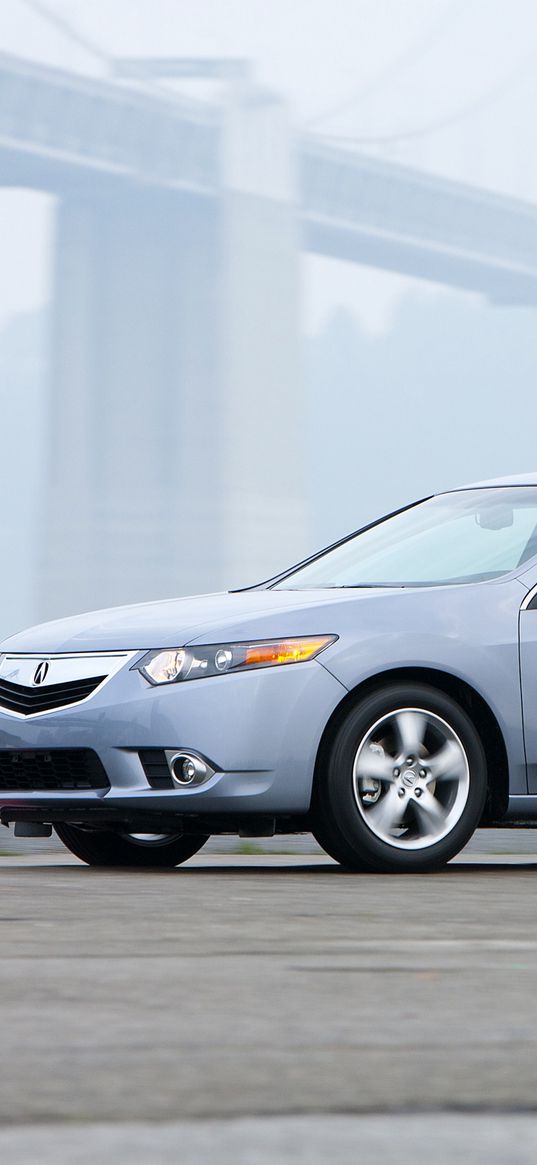 acura, tsx, 2010, blue, side view, style, cars, speed, fog, bridge, asphalt