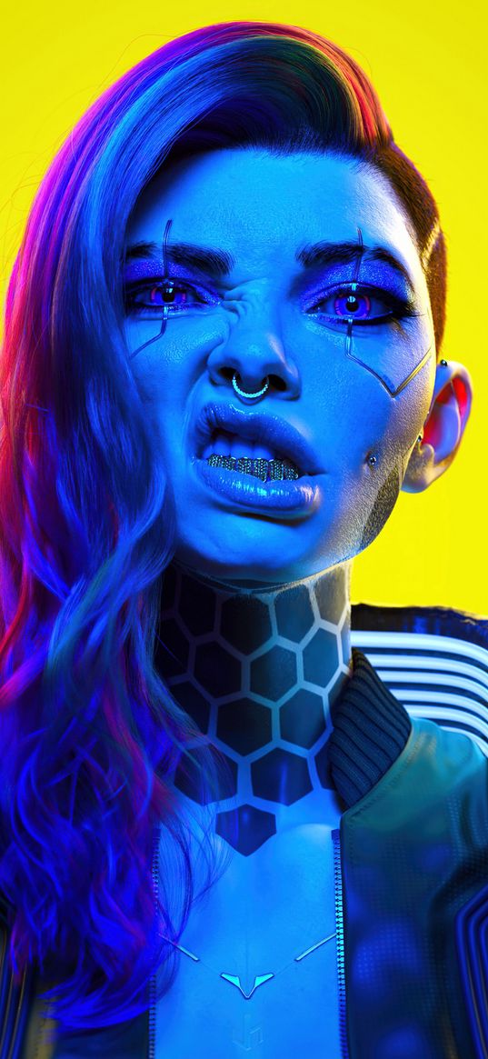 girl, teeth, cyberpunk, jewelry, hair