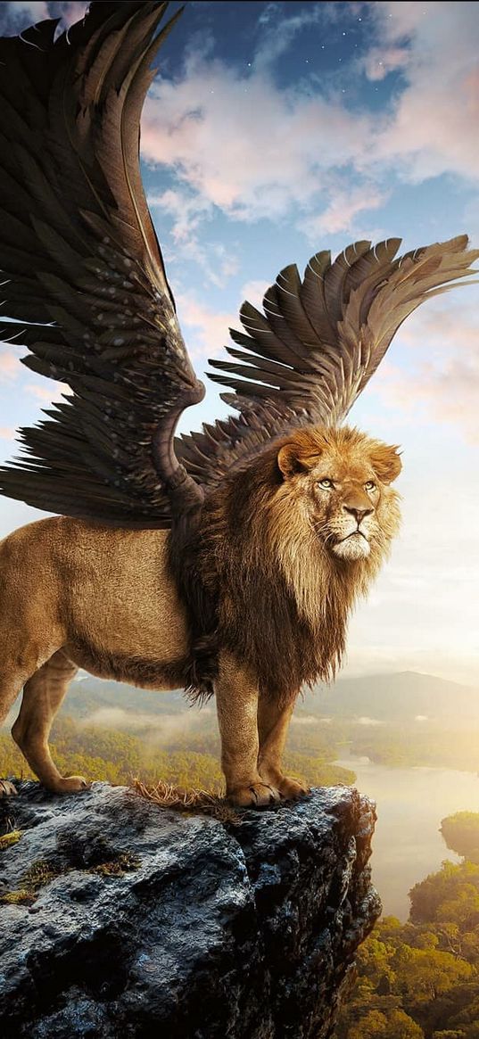 winged lion, rock, predator, sky, nature