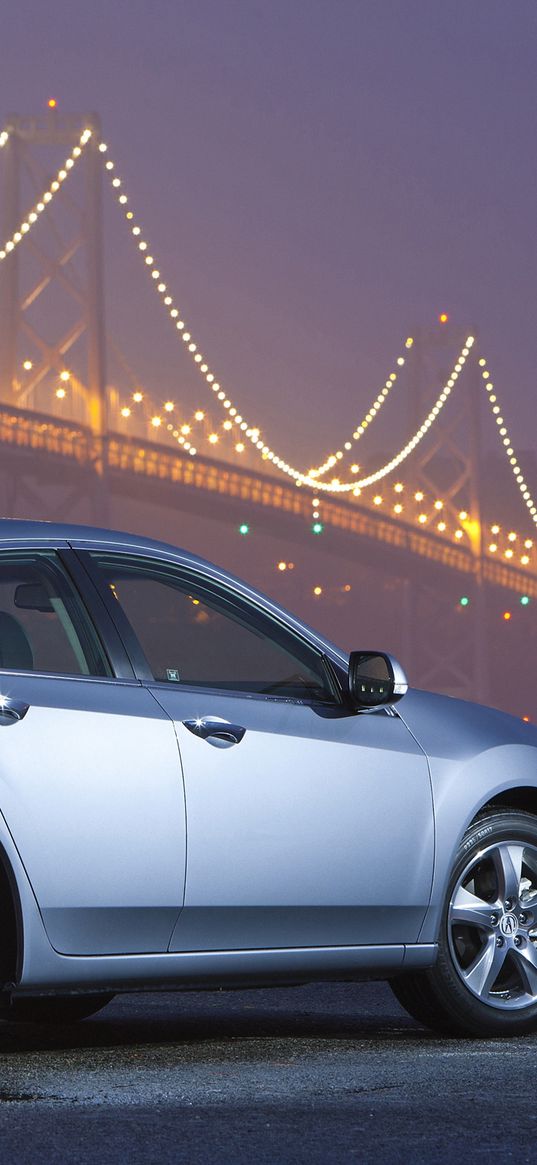 acura, tsx, 2010, blue metallic, side view, style, cars, bridges, lights, wet asphalt