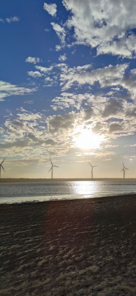 beach, sand, sea, sky, sun, windmills