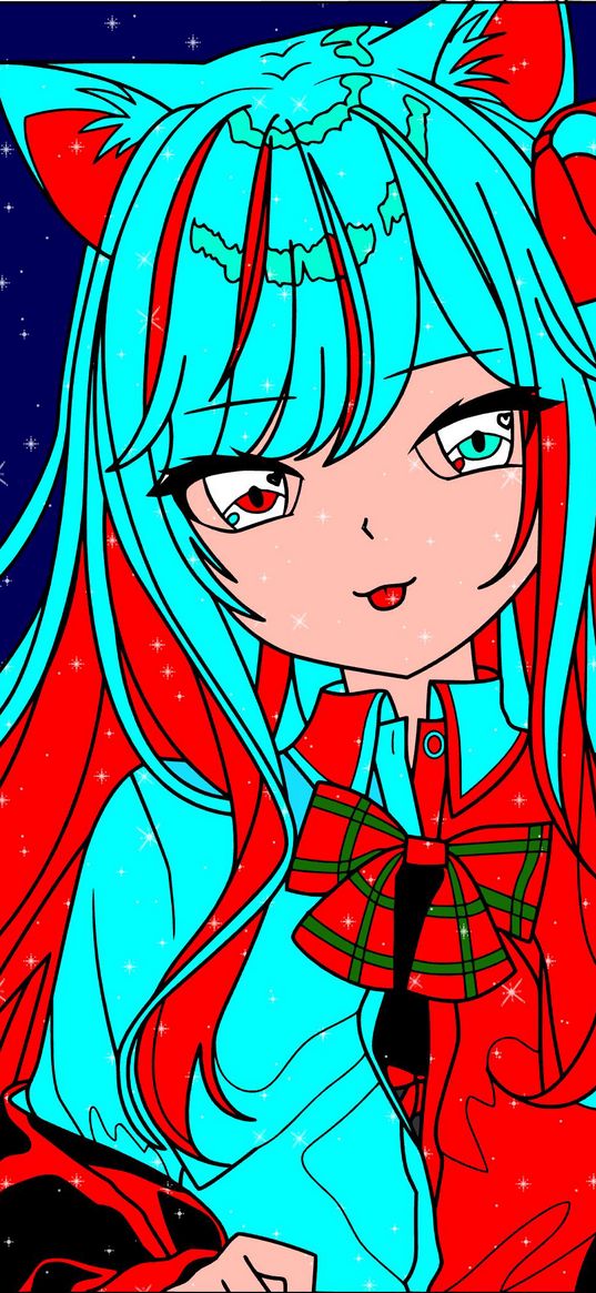girl, neko, art, turquoise hair