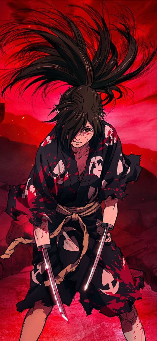 hyakkimaru, dororo, anime, weapon, red light, fight, art