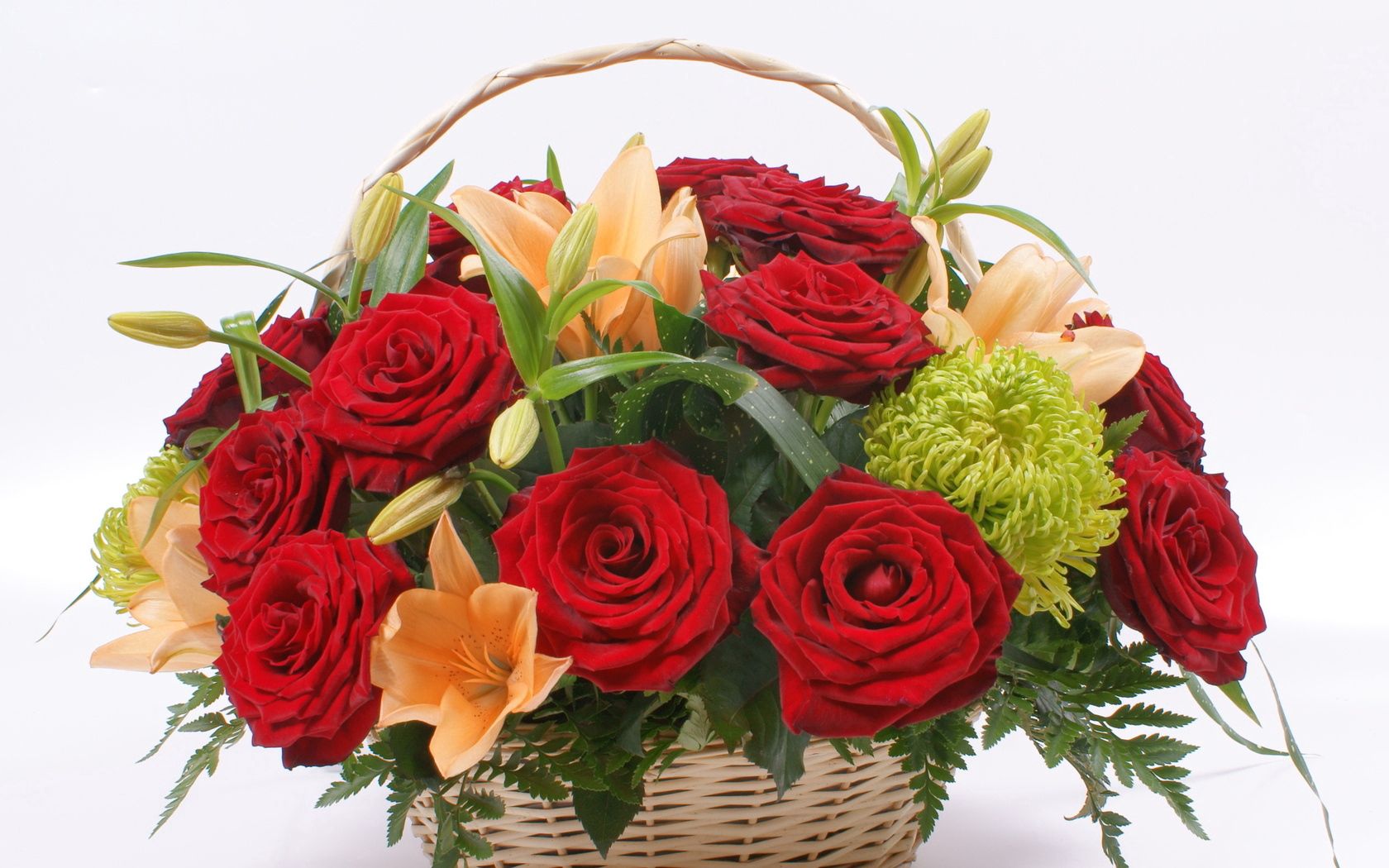 roses, lilies, flowers, grass, basket, composition