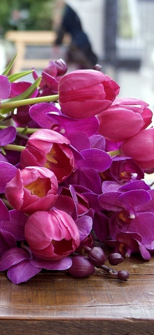 tulips, orchids, buds, leaves, flowers, bouquet, table