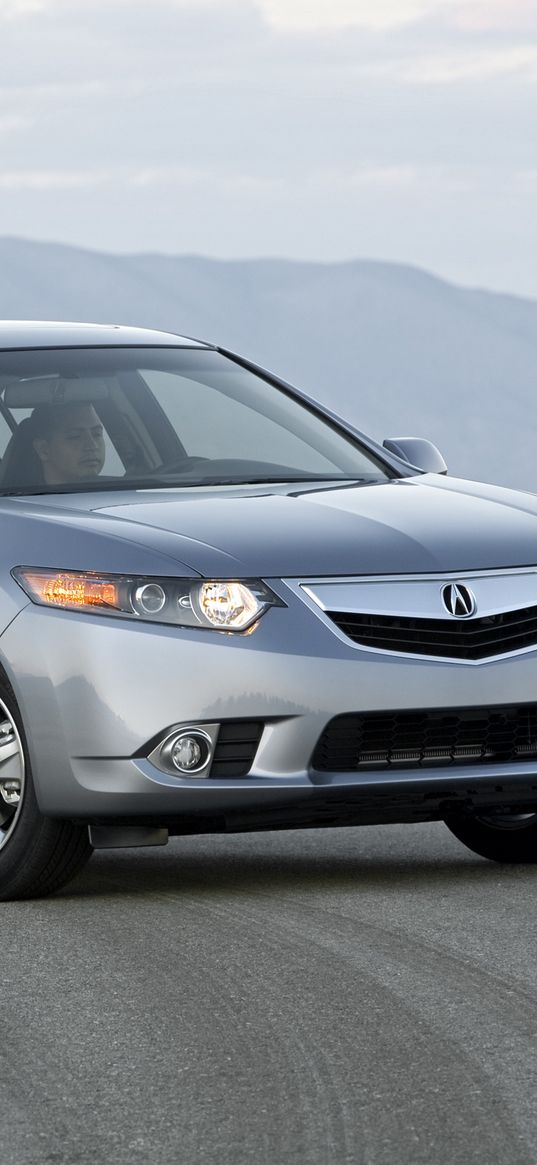 acura, tsx, 2010, gray metallic, front view, style, cars, fog, mountains, clouds, asphalt