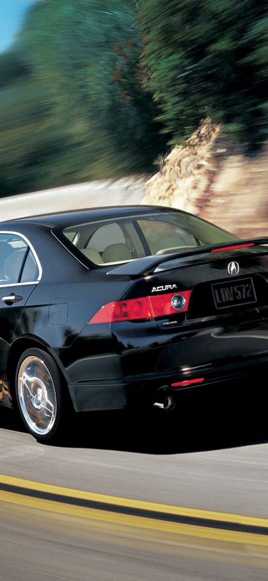 acura, tsx, 2006, black, rear view, style, cars, speed, trees, nature, asphalt