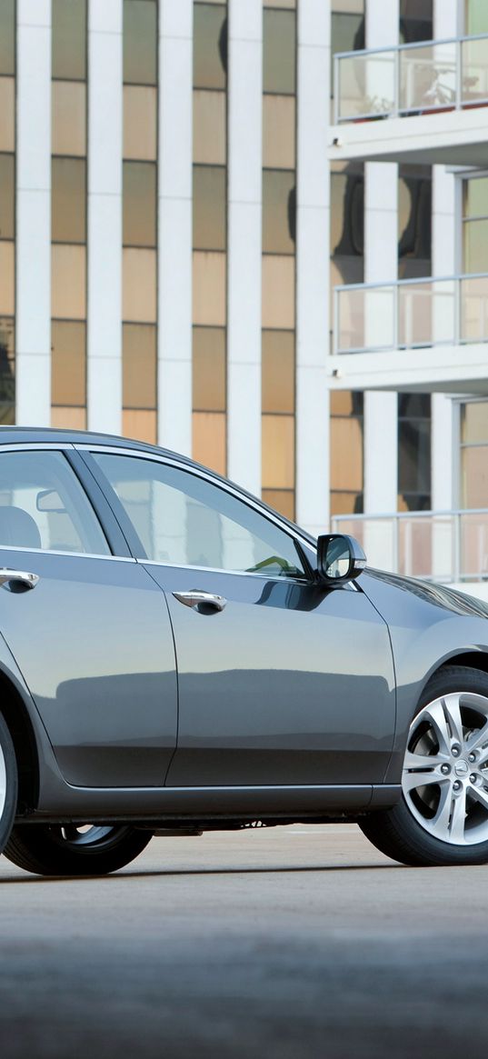 acura, tsx, v6, 2009, gray, side view, style, cars, building, reflection, asphalt