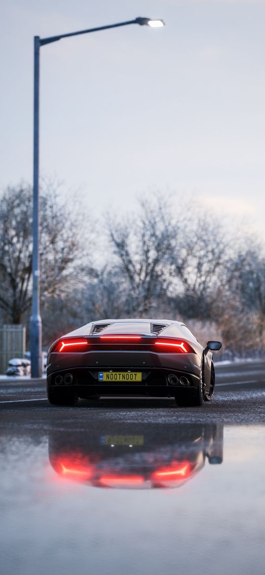 lamborghini huracan, lamborghini, auto, grey auto, water, road, rear lights