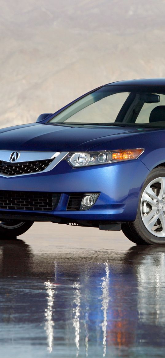 acura, tsx, v6, 2009, blue, side view, style, cars, wet asphalt, reflection, mountains