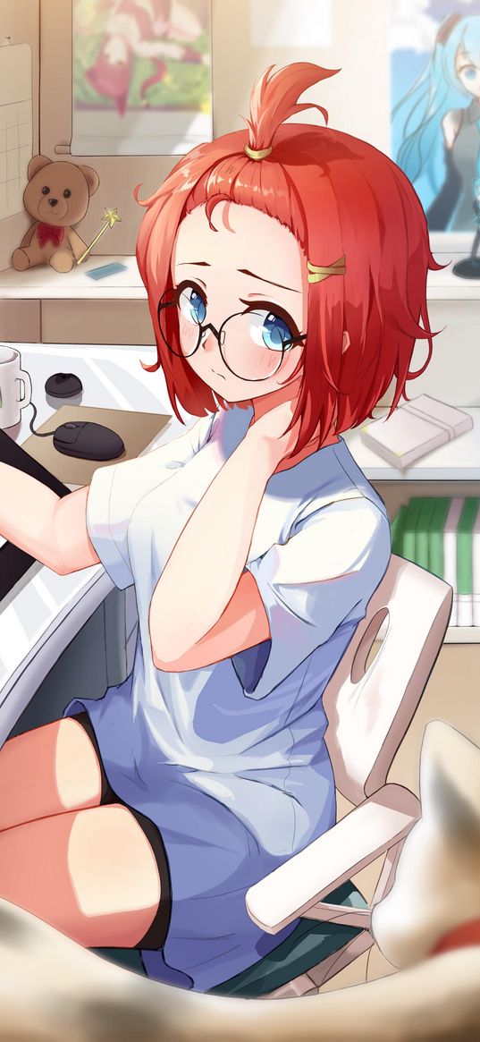 girl, artist, glasses, glance, anime