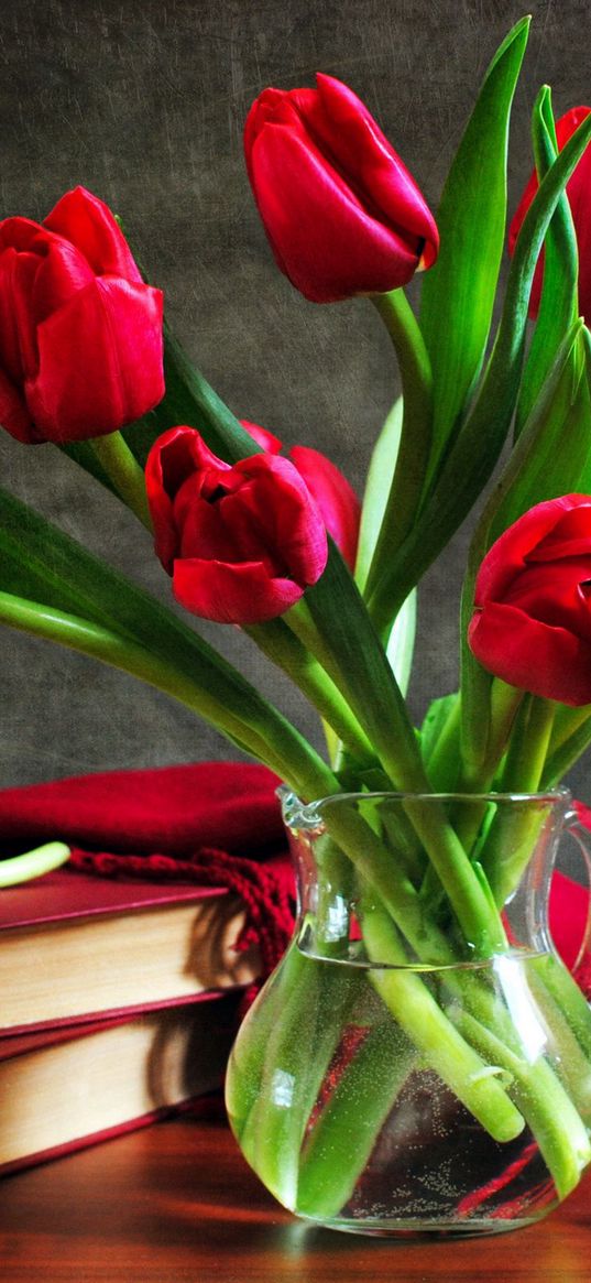 tulips, flowers, vase, books, petal, cape, table