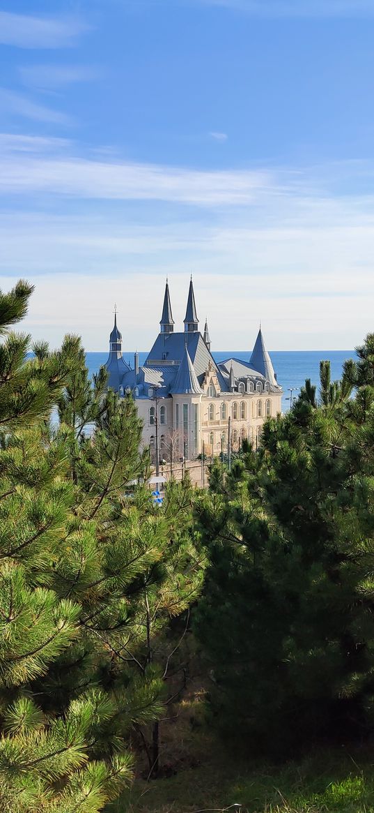 castle, sea, forest, pine trees, clouds, nature