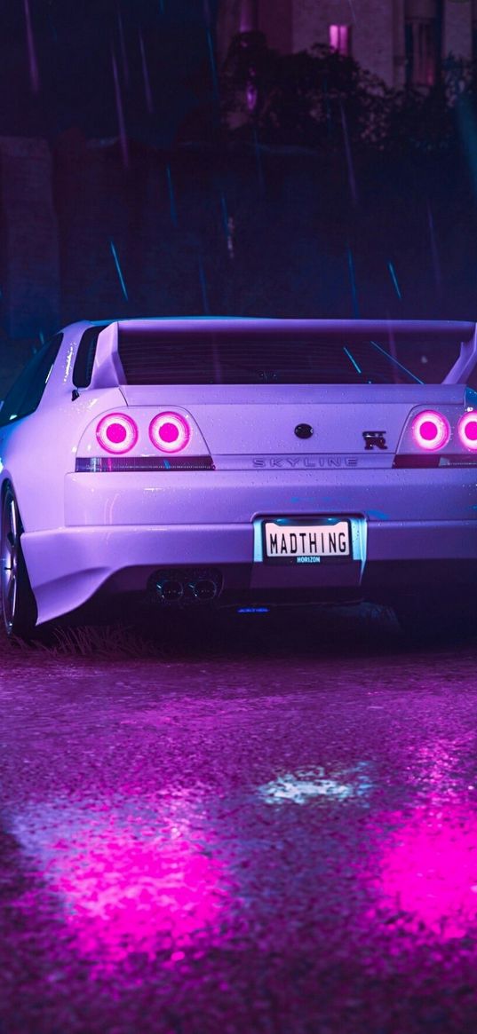 nissan gtr, nissan, auto, white auto, jdm, rain, road, neon