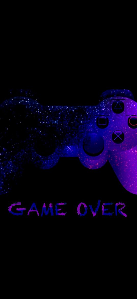 game over, console, playstation, gamepad, joystick, controller, purple, inscription, black background