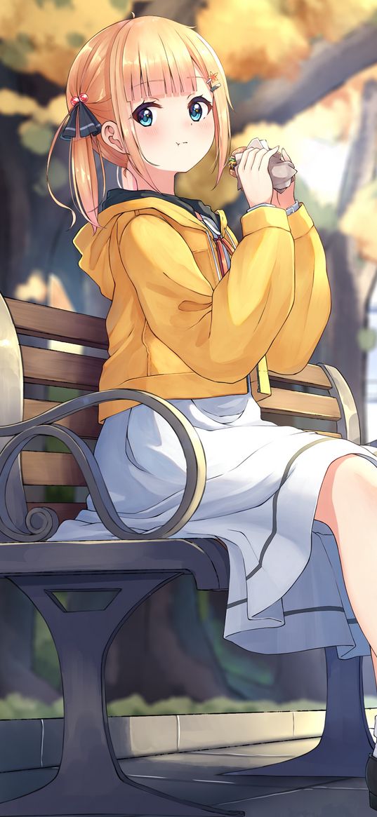 girl, sandwich, bench, anime