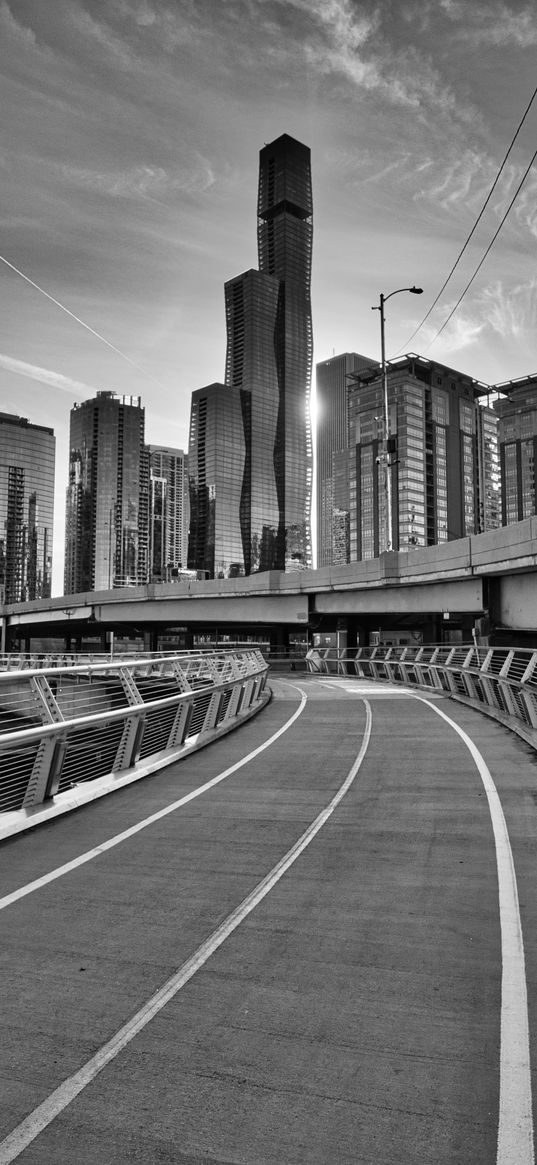 city, buildings, skyscrapers, walkway, black and white